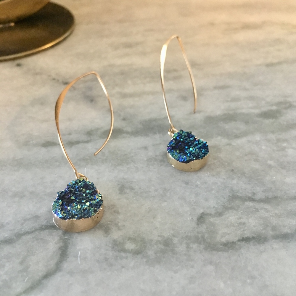 Blue Cluster Irregular Drop Dangle Gold Earrings - Picture 3 of 5
